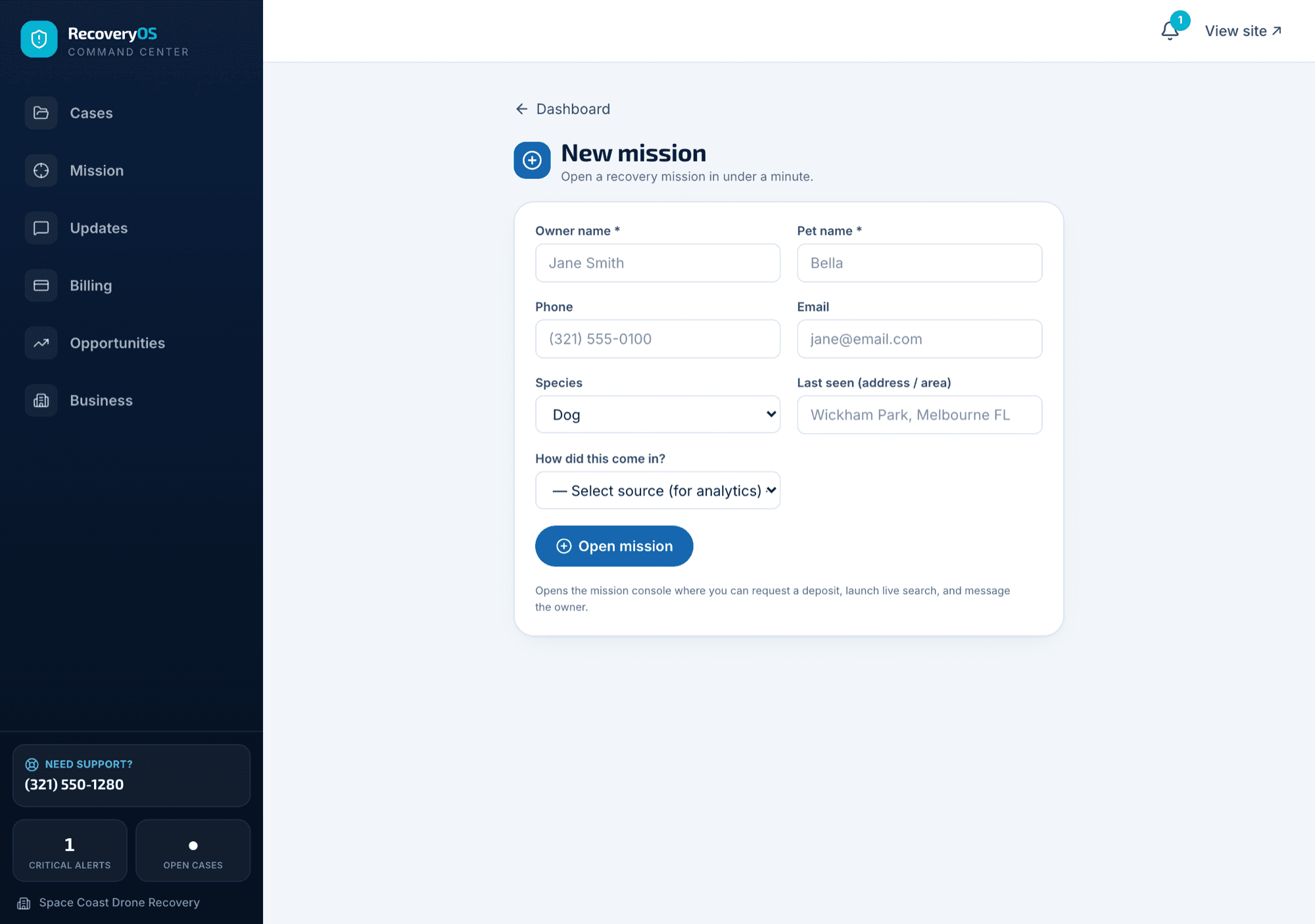 RecoveryOS — Owner Intake screen
