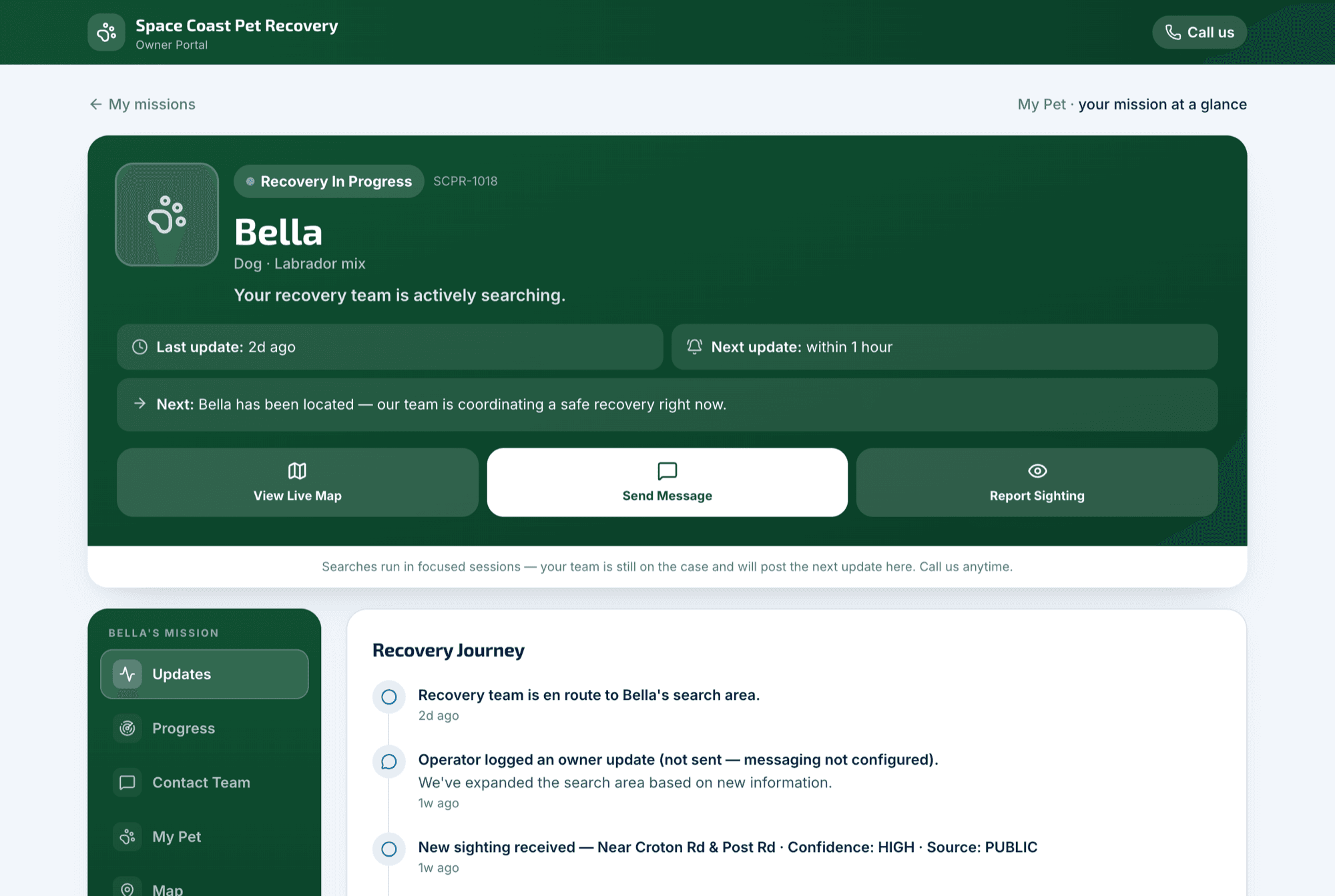 The owner's private portal — live status, next update, and the recovery journey