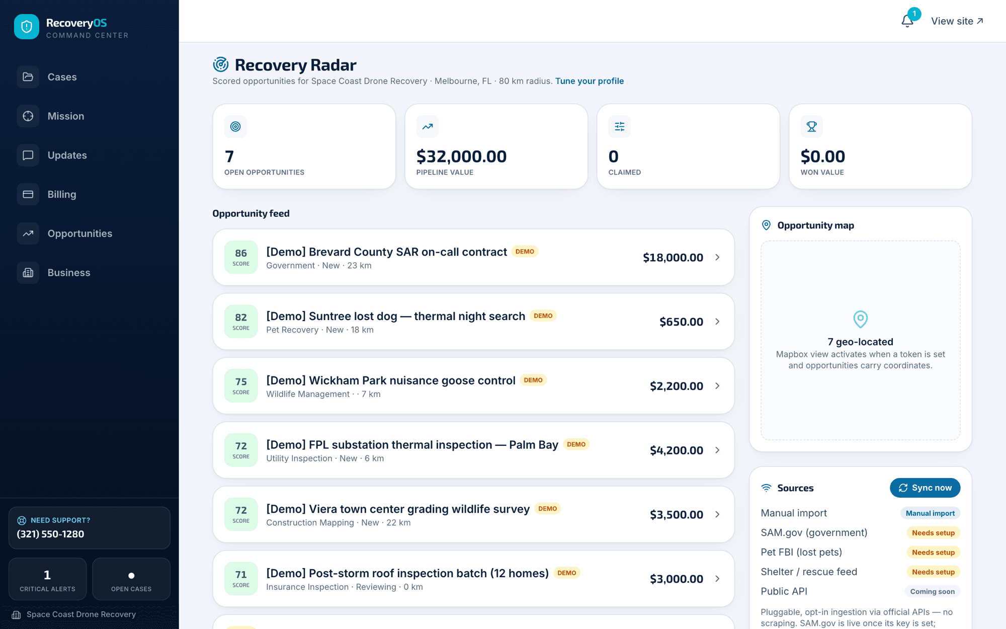 Recovery Radar — scored opportunity feed with pipeline value